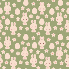 Cute Easter Bunny Seamless Pattern, soft pastel bunnies with eggs and flowers, swatch available in swatches panel, gentle spring illustration for kids textiles, wallpaper and wrapping paper