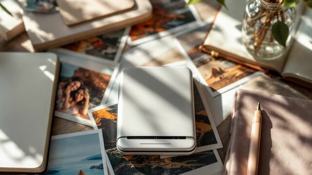 Modern portable printer creating instant photos from travel memories on a creative workspace