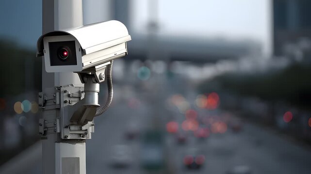 Security video camera moving to scan the area for surveillance purposes, showing modern monitoring technology ideal for safety, business, and digital visuals.