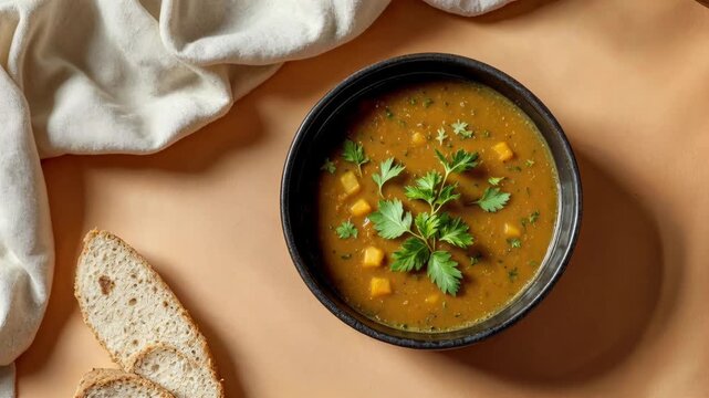 Hot bowl of creamy vegetable soup garnished with fresh parsley and served with bread slices