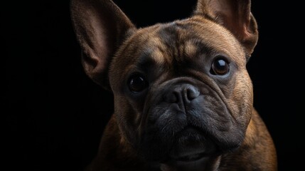 Obraz premium Studio close-up portrait of a brindle french bulldog on black background