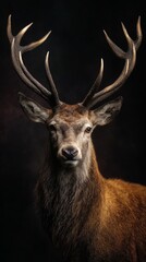 Majestic red deer stag portrait with antlers on dark background