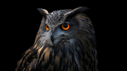 Obraz premium Dramatic owl portrait with glowing orange eyes on black background