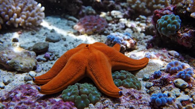 Orange starfish resting on colorful coral reef in the ocean.