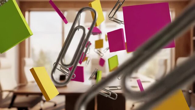 Flying office stationery with paper clips and sticky notes in motion over blurred desk workspace. Business organization and productivity for creative brainstorming and efficient task management
