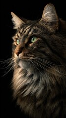 Dramatic studio portrait of long haired tabby cat with green eyes on black background