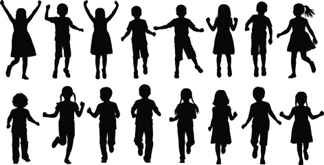 Fototapeta premium Collection of Sixteen Black Silhouettes of Happy Children Running Jumping and Playing in Active Poses 