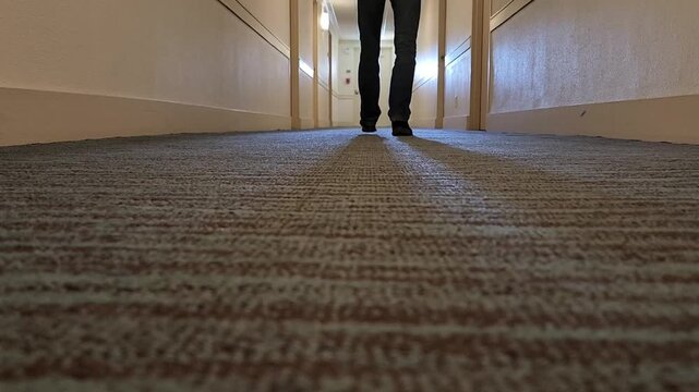 Man walking away down corridor filmed from floor level