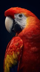 Fototapeta premium Scarlet macaw parrot close-up portrait with vibrant red and yellow feathers on dark background