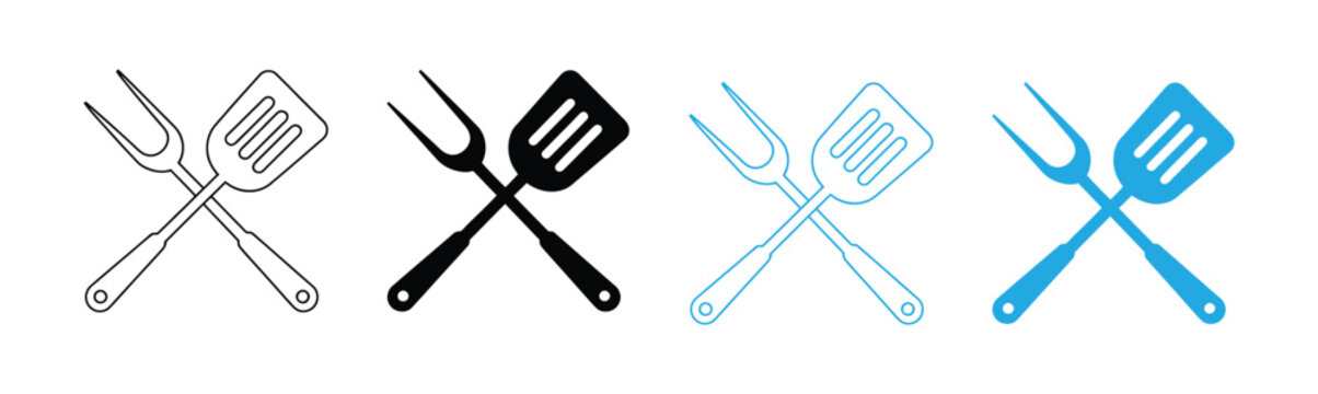 crossed fork and spatula kitchen utensil. Crossed barbecue grilling tools spatula and fork silhouette. Crossed spatula and fork icons in various colors for cooking themes
