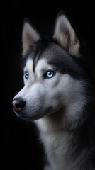 Fototapeta premium Blue-eyed siberian husky dog portrait on black background