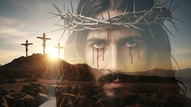 Double exposure of Jesus Christ's face with bleeding eyes, crown of thorns, and three crosses on a hill for a religious theme. Easter background.