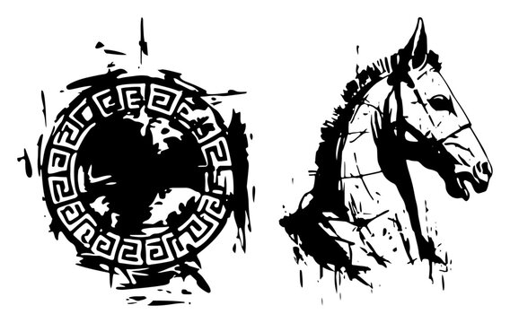 Ancient greek trojan horse head and circular meander ornament with ink splatter texture