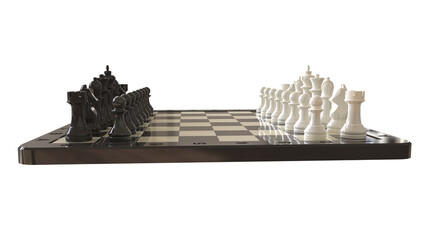 3D-rendered chessboard with full piece setup in starting position. Coordinate labels enhance strategic clarity, symmetry, and classic elegance of intellectual gameplay.