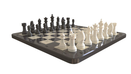 3D-rendered chessboard with full piece setup in starting position. Coordinate labels enhance strategic clarity, symmetry, and classic elegance of intellectual gameplay.