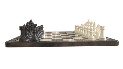 3D-rendered chessboard with full piece setup in starting position. Coordinate labels enhance strategic clarity, symmetry, and classic elegance of intellectual gameplay.