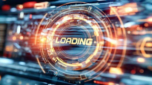 Futuristic digital loading screen with animated circular progress indicator and glowing elements in a high-tech interface setting