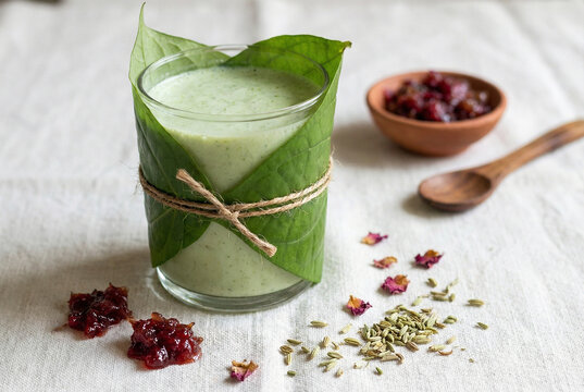 A refreshing green betel leaf milkshake wrapped in fresh leaves, served with rose petal jam and fennel seeds on a linen cloth