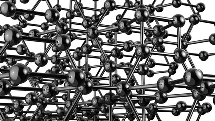 Futuristic lattice of metallic spheres and rods forming a molecular structure. Reflective surfaces and geometric symmetry evoke nanotech, atomic modeling, and high-tech material science.