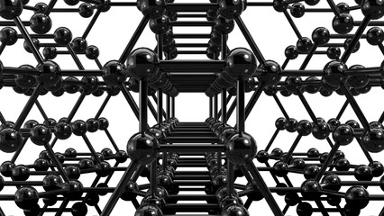 Futuristic lattice of metallic spheres and rods forming a molecular structure. Reflective surfaces and geometric symmetry evoke nanotech, atomic modeling, and high-tech material science.