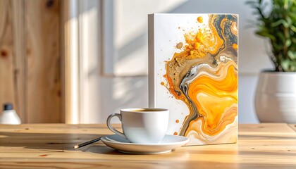 Coffee Cup on Wooden Table with Art.