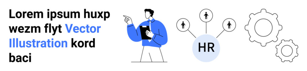 Team management, career growth, HR processes, employee organization, recruitment, workflow. Person pointing to job-related charts, gear icons. Team management and career growth visual