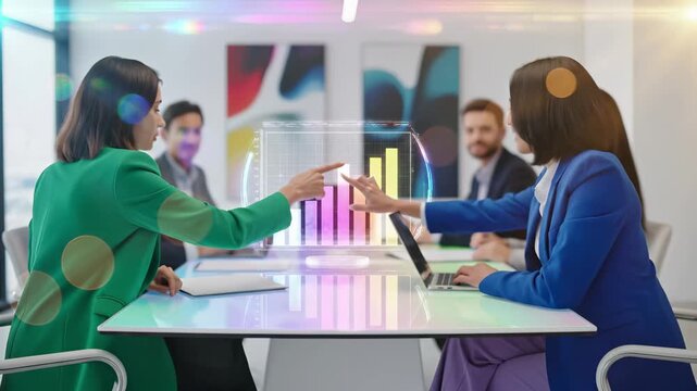 Business team meeting with holographic data visualization and analytics charts in modern office. Corporate presentation and digital technology for collaborative financial analysis and strategic
