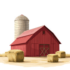 Red Barn with Hay Bales Against a Simple Background © Edik