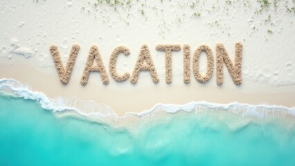 Overhead shot text VACATION carved in sand, azure sea waves approaching coastline beautiful, pristine beach white powdery texture, summer holiday message