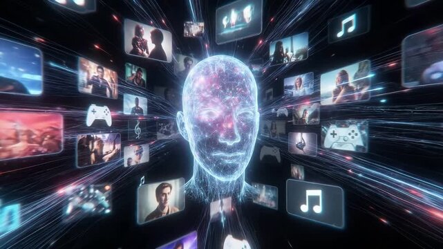 Digital brain with neural network connected to multimedia content including gaming, music, video streaming. Futuristic artificial intelligence visualization with holographic interface