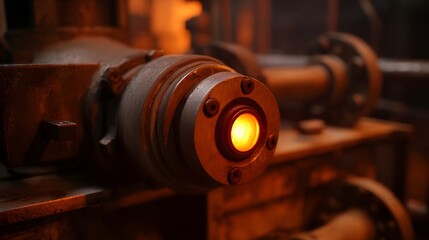 A close up view of industrial hinery with a brightly glowing orange core illuminated by warm intense light in a dark workshop setting