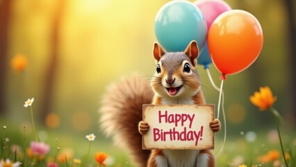 Squirrel holding happy birthday sign with balloons smiling, cute animal celebration in forest meadow with flowers, concept of birthday greetings, children parties, holiday