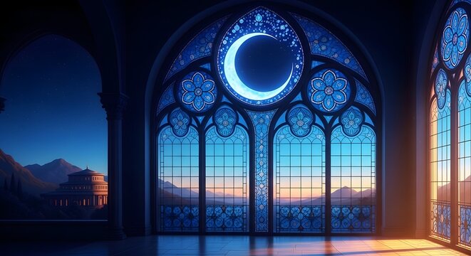 A serene stained glass window with a crescent moon at dusk overlooking a breathtaking landscape