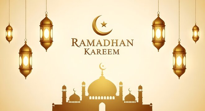 Ramadhan kareem greeting with mosque and lanterns illustration