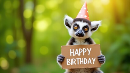 Obraz premium Lemur wearing party hat holding happy birthday sign looking at camera, cute primate celebration portrait in tropical forest setting, concept of birthday greetings, zoo events, holiday
