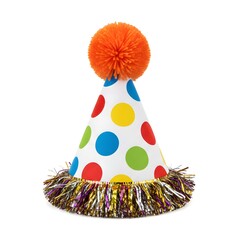 Colorful polka dot party hat with pompom and fringe isolated PNG.
