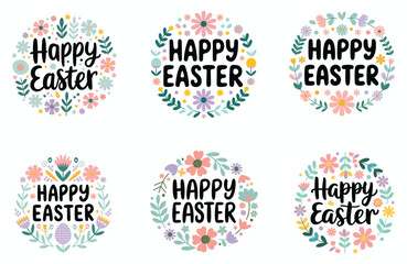 Fototapeta premium Happy Easter floral round badges set with hand drawn calligraphy text vector illustration