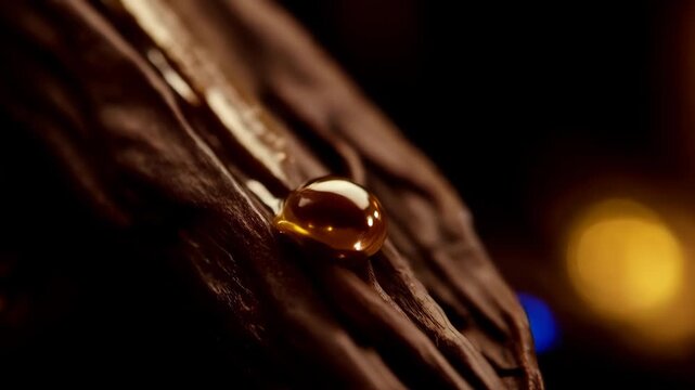 Macro shot of a drop of vanilla essence sliding over a closed vanilla pod in cinematic lighting on a dark background