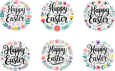 Fototapeta premium Happy Easter floral round badges set with hand drawn calligraphy text vector illustration