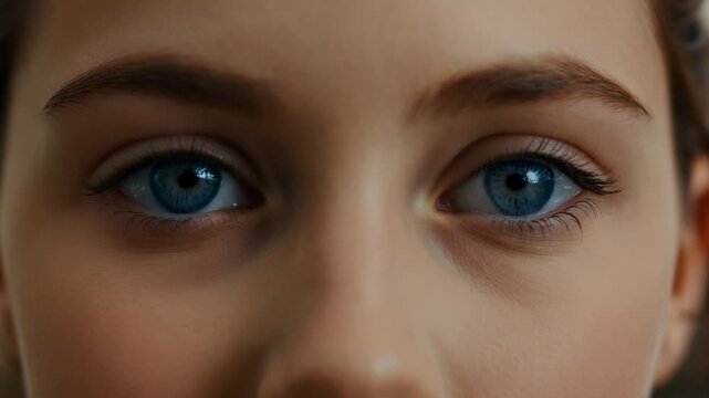 Closeup of young woman looking into the camera with blue eyes for eyesight care focus in bright indoor setting