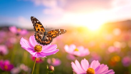 Butterfly on pink flower in field.