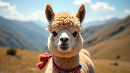Obraz premium Cute fluffy alpaca llama portrait Andean highlands, soft wool colorful traditional decorative tassels, Peruvian cultural symbol adorable animal