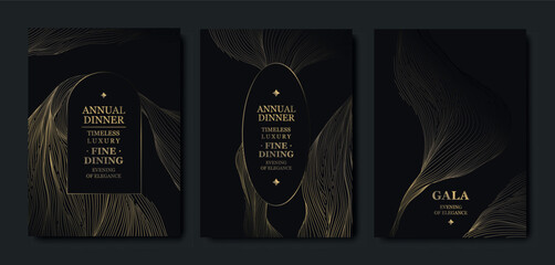 Elegant black background, gold line pattern, gala cards, premium invitations. Luxury abstract vector template, geometric shapes, wavy design, VIP events, business dinners, weddings, posters, flyers