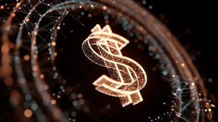 A glowing dollar sign surrounded by a network of connections on a dark background