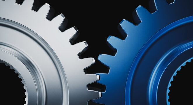 Interlocking Gear Wheels: Macro View of Two Metal Cogs in Silver and Blue on Dark Background, Symbolizing Teamwork, Technology, Mechanism, and Industrial Cooperation