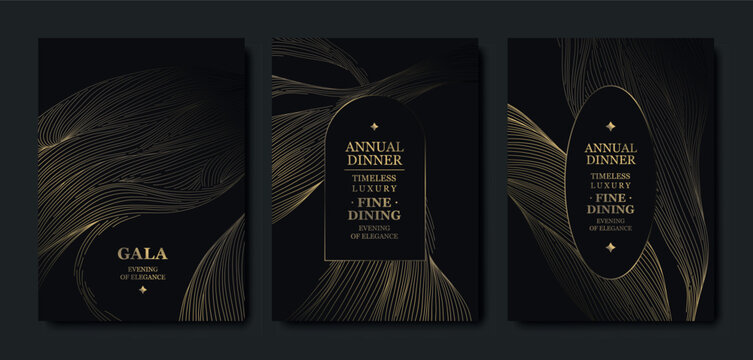 Elegant black background, gold line pattern, gala cards, premium invitations. Luxury abstract vector template, geometric shapes, wavy design, VIP events, business dinners, weddings, posters, flyers