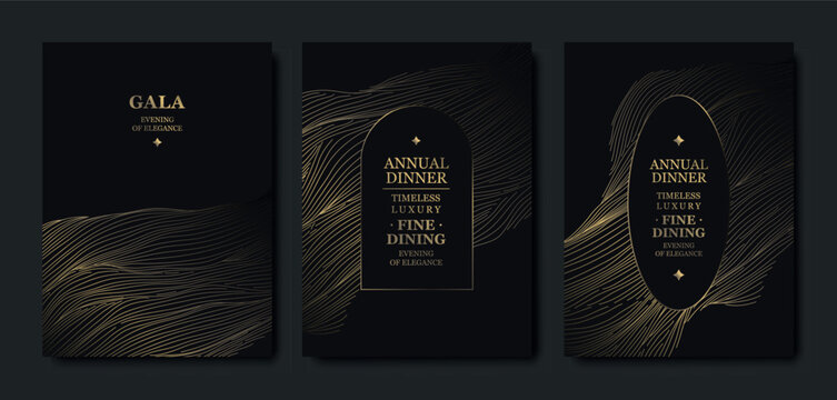Elegant black background, gold line pattern, gala cards, premium invitations. Luxury abstract vector template, geometric shapes, wavy design, VIP events, business dinners, weddings, posters, flyers
