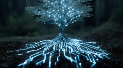 A glowing tree with circuit board roots in a dark forest