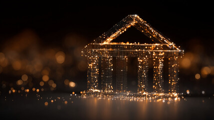 A glowing wireframe model of a classical Greek temple at night