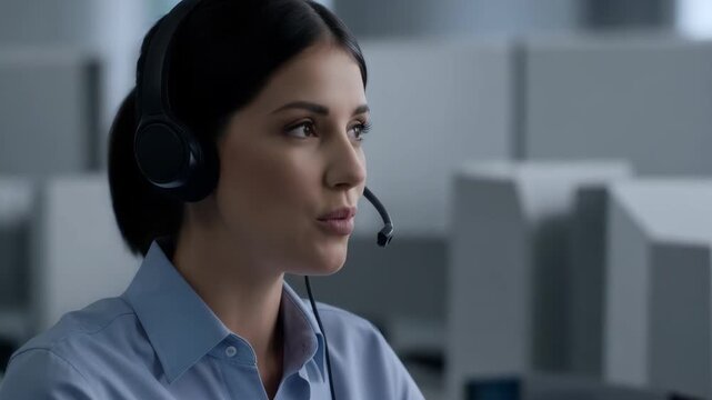 Closeup of call center agent speaking into microphone providing help and support to customers in a contact center setting
